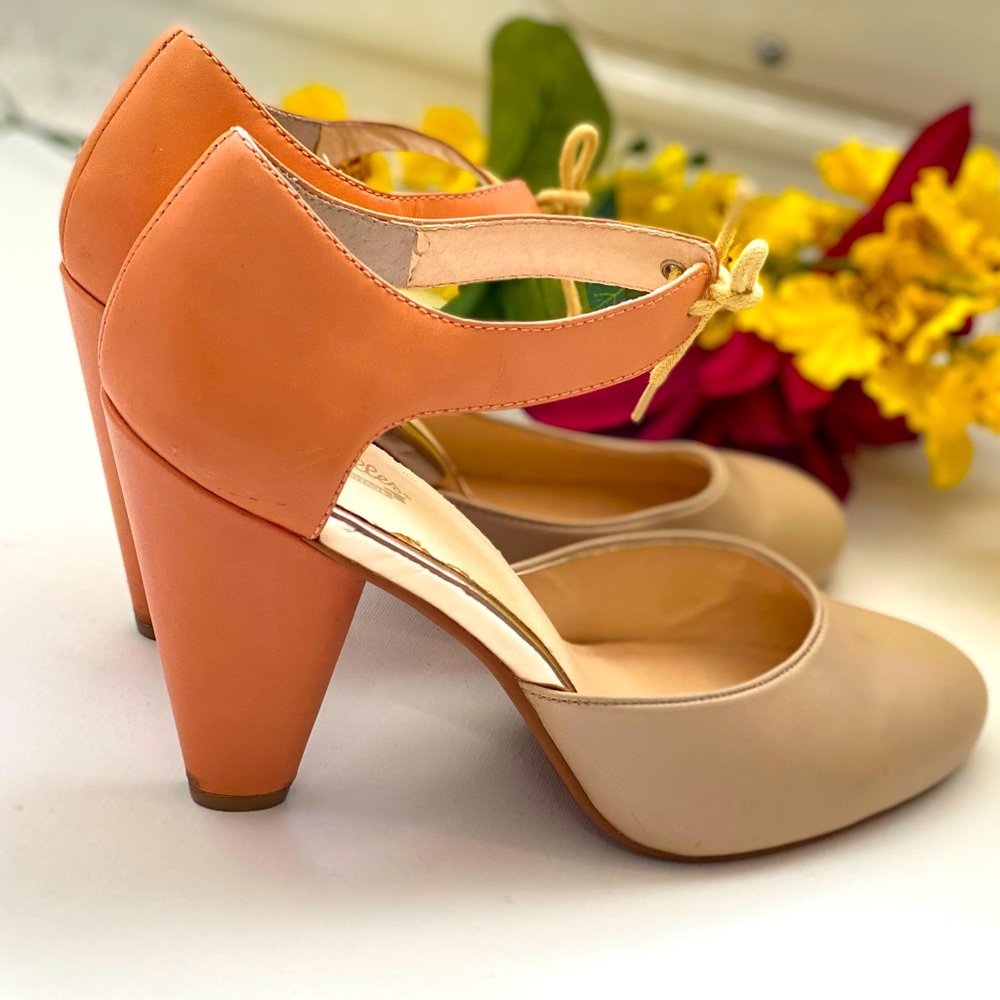 Seychelles Peach and Beige Ankle-Strap Block Heels